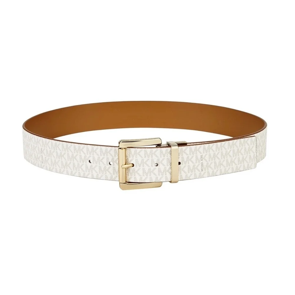 Michael Kors Mens Monogram Logo Belt Beige Brown Gold‎ Buckle 556023 Size M